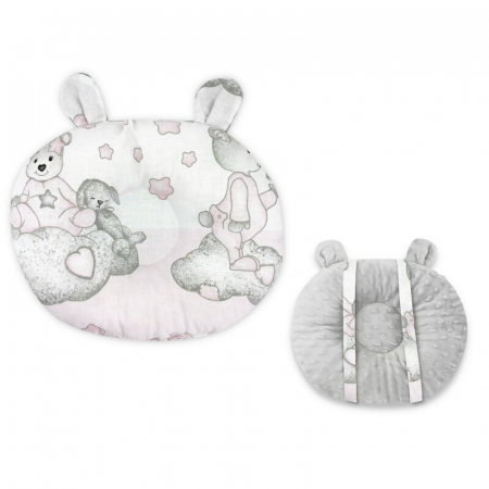 Mobilier si Lenjerie - Perna bebelusi, Qmini, Ursulet, Multifunctionala, Cu doua fete, Tesatura pufoasa minky si bumbac, Materiale certificate Oeko Tex Standard 100, 30x23 cm, Minky Teddy Bear with Pink Heart