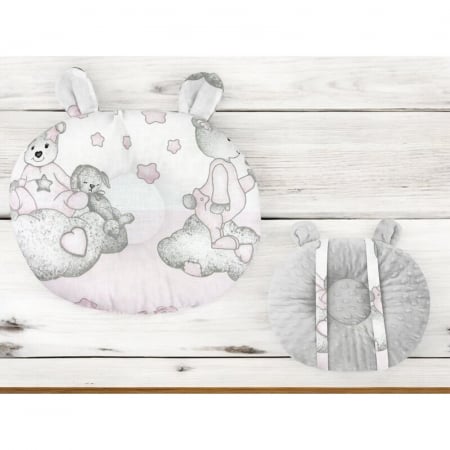 Perna bebelusi, Qmini, Ursulet, Multifunctionala, Cu doua fete, Tesatura pufoasa minky si bumbac, Materiale certificate Oeko Tex Standard 100, 30x23 cm, Minky Teddy Bear with Pink Heart [1]