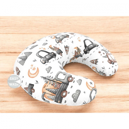 Perna pentru alaptat, MimiNu, Din bumbac certificat Oeko Tex Standard 100, Cu husa detasabila, Cu fermoar securizat, Circumferinta 155 cm, Design, Cars Grey [1]