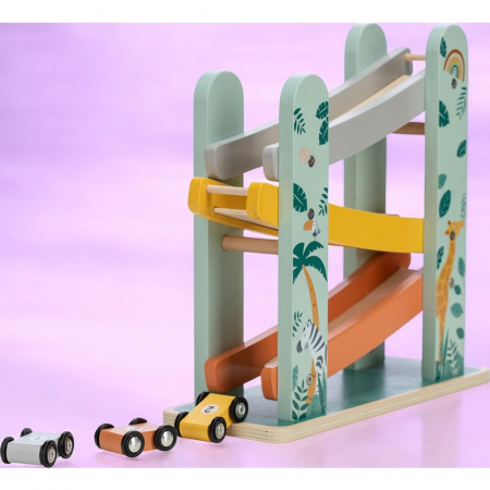 Pista de masini, Free2Play, Safari, Din lemn, Cu 3 masinute incluse, 26.9 x 23.6 x 7 cm, Conform cu standardele europene EN71-1;2018, EN71-2:2020, EN71-3:2021 [1]