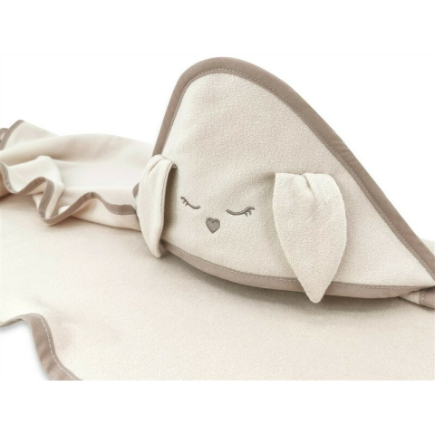 Baie si Igiena - Prosop cu gluga, Qmini, Mare, Cu broderie si urechi, Dimensiune 100x100 cm, Din tricot termo-terry din bambus, Materiale certificate Oeko Tex Standard 100, Rabbit Beige