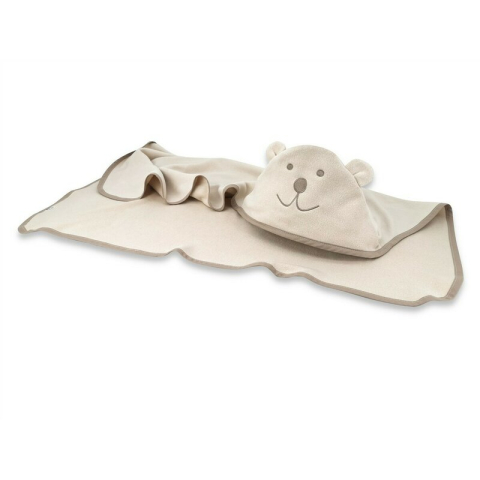 Prosop cu gluga, Qmini, Mare, Cu broderie si urechi, Dimensiune 100x100 cm, Din tricot termo-terry din bambus, Materiale certificate Oeko Tex Standard 100, Teddy Bear Beige [2]