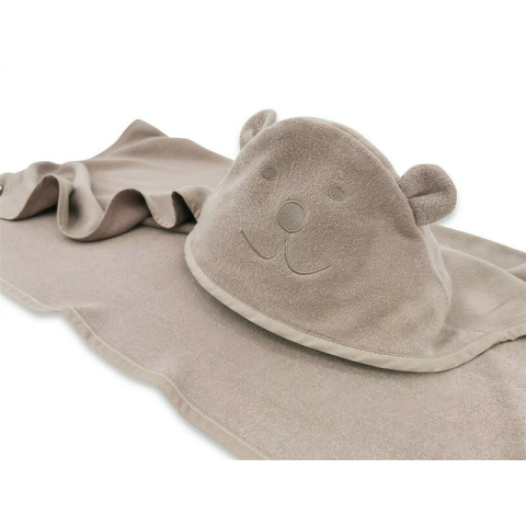 Baie si Igiena - Prosop cu gluga, Qmini, Mare, Cu broderie si urechi, Dimensiune 100x100 cm, Din tricot termo-terry din bambus, Materiale certificate Oeko Tex Standard 100, Teddy Bear Mocha