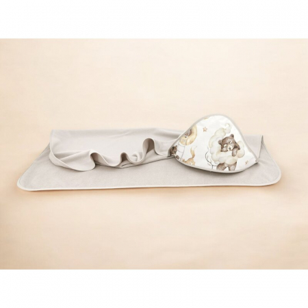 Prosop cu gluga, Qmini, Mare, Dimensiune 100x100 cm, Din bumbac si thermo fleece, Materiale certificate Oeko Tex Standard 100, Teddy Bear and Friends Beige [1]