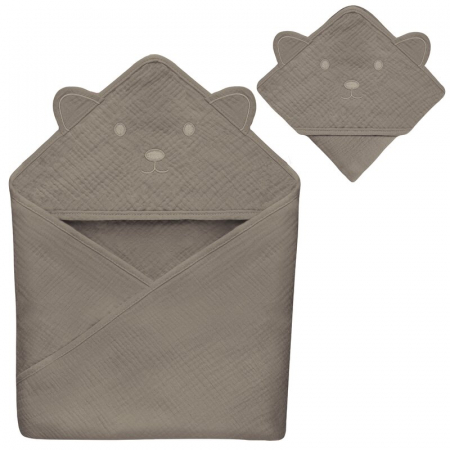 Prosop de baie, Lionelo, Cu gluga, Din muselina, 100% bumbac, 80x80 cm, Absorbtie eficienta, Bej inchis [3]