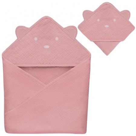 Prosop de baie, Lionelo, Cu gluga, Din muselina, 100% bumbac, 80x80 cm, Absorbtie eficienta, Roz [2]