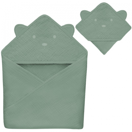 Prosop de baie, Lionelo, Cu gluga, Din muselina, 100% bumbac, 80x80 cm, Absorbtie eficienta, Verde [2]