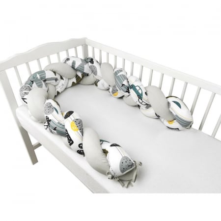 Siguranta si Sanatate - Protectie laterala, MimiNu, Pentru patut bebe, Tip Bumper impletit, Din bumbac, Din materiale certificate Oeko Tex Standard 100, Lungime 220 cm, Childrens Journey Grey 