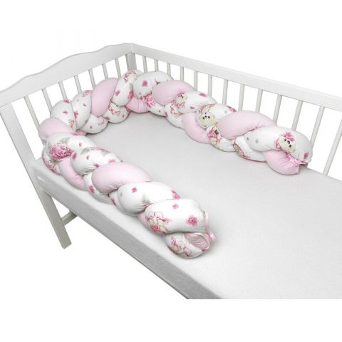 Siguranta si Sanatate - Protectie laterala, MimiNu, Pentru patut bebe, Tip Bumper impletit, Din bumbac, Din materiale certificate Oeko Tex Standard 100, Lungime 220 cm, Pink Ballerina