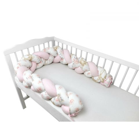 Siguranta si Sanatate - Protectie laterala, MimiNu, Pentru patut bebe, Tip Bumper impletit, Din bumbac, Din materiale certificate Oeko Tex Standard 100, Lungime 220 cm, Sweet Deer Pink