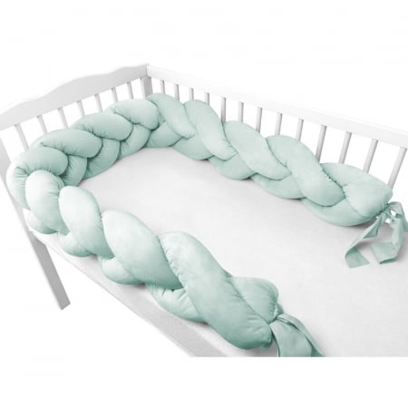 Protectie laterala, MimiNu, Pentru patut, Tip Bumper impletit, Din catifea, 220x23 cm, Cold Mint [2]