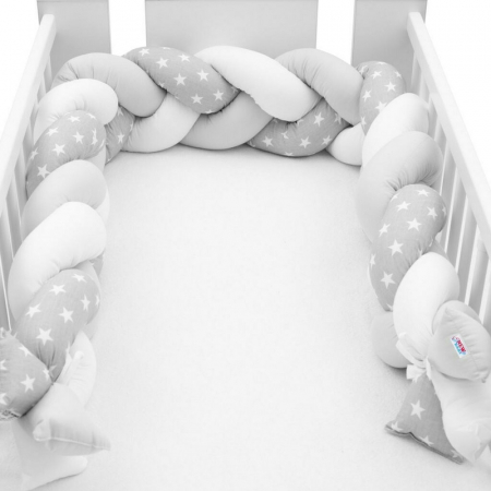 Siguranta si Sanatate - Protectie laterala, New Baby, Pentru patut, Tip Bumper impletit, Din bumbac, Din materiale certificate Oeko Tex Standard 100, Lungime 225 cm, Stars grey/white