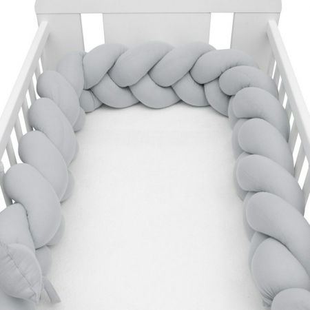 Siguranta si Sanatate - Protectie laterala, New Baby, Pentru patut, Tip Bumper impletit, Din muselina, Din materiale certificate Oeko Tex Standard 100, Lungime 225 cm, Grey