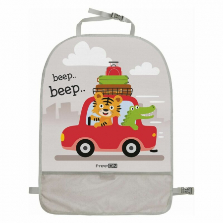 Transport si Relaxare - Protectie spatar, FreeON, Pentru masina, Cu buzunar pentru obiecte mici, Usor de montat, 61x45 cm, Lion