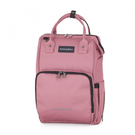 Transport si Relaxare - Rucsac pentru mamici, Petite&Mars, Jack, Cu 11 compartimente, Cu buzunare termice, Saltea de infasat inclusa, 30 x 42 x 15 cm, Dusty Rose