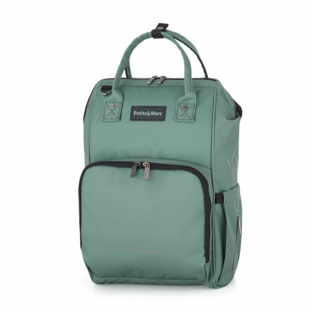 Transport si Relaxare - Rucsac pentru mamici, Petite&Mars, Jack, Cu 11 compartimente, Cu buzunare termice, Saltea de infasat inclusa, 30 x 42 x 15 cm, Misty Green