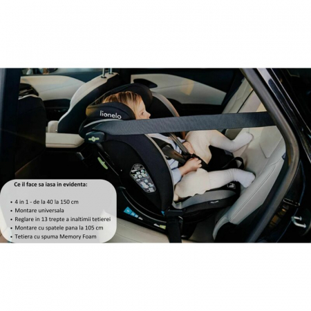 Scaun auto, Lionelo, Aart i-Size, Cu spatar inclinabil in 4 pozitii, Cu tetiera reglabila in 13 pozitii, 0-36 Kg, 40-150 cm, Cu centura siguranta in 3 puncte, Conform cu ECE R129/03, Negru/Rosu [28]