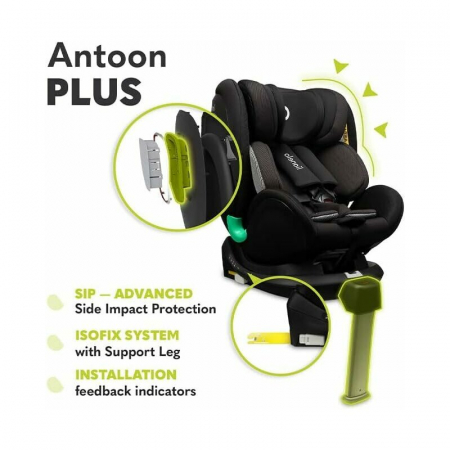Scaun auto, Lionelo, I-size Antoon Plus, Pozitie de somn, Protectie laterala, Rotire 360 grade, 0-18 kg, Cu Isofix si picior de sustinere, Negru, Testat ADAC, Conform cu standardul european de securit [33]