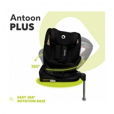 Scaun auto, Lionelo, I-size Antoon Plus, Pozitie de somn, Protectie laterala, Rotire 360 grade, 0-18 kg, Cu Isofix si picior de sustinere, Negru, Testat ADAC, Conform cu standardul european de securit [32]