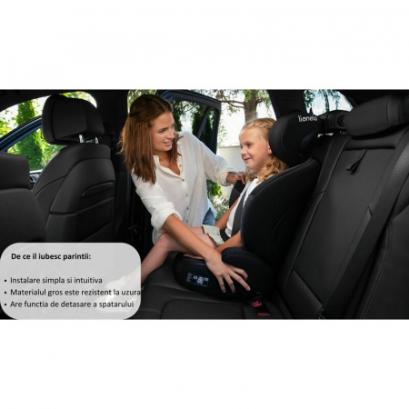 Scaun auto, Lionelo, Lars i-Size, Cu tetiera reglabila in 10 pozitii, Cu pozitionare spre sensul de mers, 15-36 Kg, 100-150 cm, Conform cu standardul european de securitate ECE R129/03, Negru/Gri [22]
