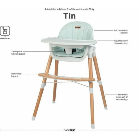 Scaun de masa, FreeON, Tin, 2 in 1 reglabil, Cu tavita si husa detasabile, Suport pentru picioare reglabil, Conform cu standardul european de securitate EN 14988:2017+A1:2020, Light Green [16]