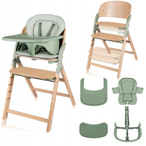 Scaun de masa multifunctional Megan, Lionelo, Din lemn de fag, 6 luni- adult, Reglabil pe inaltime, Husa impermeabila, Tavita silicon, Suport de picioare reglabil, Greutate maxima 110 Kg, Verde [1]