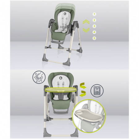 Scaun de masa si balansoar, Lionelo, Laurice, 2 in 1, Transformabil, Multifunctional, Inaltime si spatar reglabile, Cu melodii de leagan, 0 luni+, Conform cu standardele europene de securitate EN 1498 [6]
