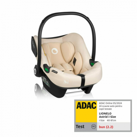 Transport si Relaxare - Scoica auto, Lionelo, i-Size Astrid, 0-13 Kg, 40-87 cm, Cu maner si capotina reglabile, Cu protectie laterala avansata, Salteluta confortabila, Testat ADAC, Conform cu standardul european de securitat