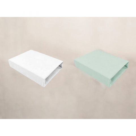 Set 2 cearceafuri cu elastic, Qmini, Pentru patut leagan sau patut co-sleeper, 90x50 cm, Din bumbac, Material certificat Oeko Tex Standard 100, White and Cold Mint [1]