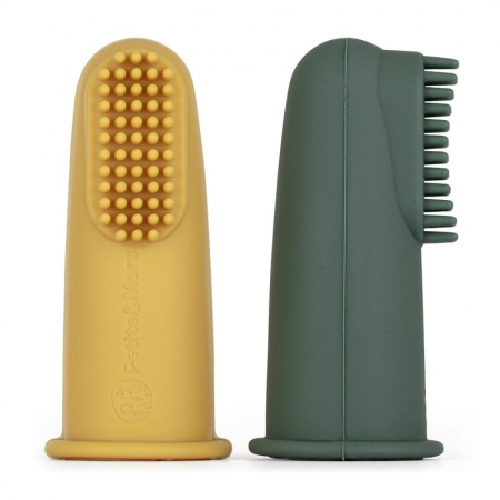 Set 2 periute de dinti pentru deget, Petite&Mars, Cu peri moi, Silicon, Include cutie depozitare, 0 luni+, Galben/Verde [1]