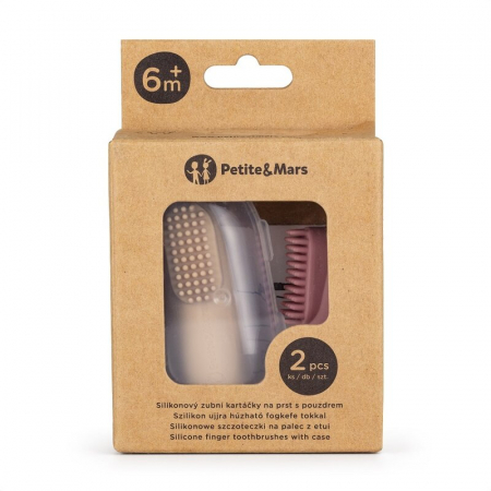 Set 2 periute de dinti pentru deget, Petite&Mars, Cu peri moi, Silicon, Include cutie depozitare, 0 luni+, Roz/Bej [3]