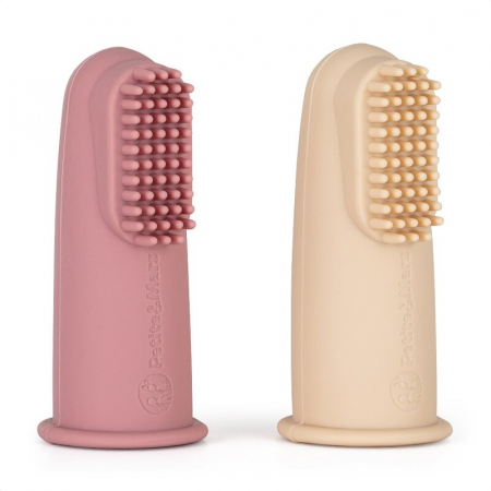 Set 2 periute de dinti pentru deget, Petite&Mars, Cu peri moi, Silicon, Include cutie depozitare, 0 luni+, Roz/Bej [1]