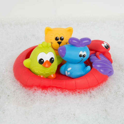 Set 3 animalute de baie si barca plutitoare, Playgro, Fara gauri, Cu gentuta pentru transport, Fara BPA, Splash and Float Friends, Multicolor [1]
