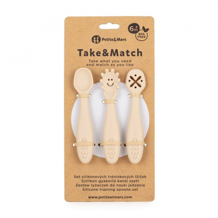 Set 3 lingurite, Petite&Mars, Diverse forme, Pentru supa, paste, alimente usoare, Dezvolta simturile si abilitatile senzoriale, Silicon, Fara BPA, 6 luni+, Bej [1]