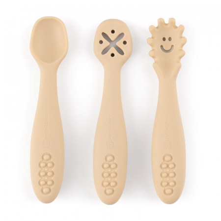 Alaptare si Hranire - Set 3 lingurite, Petite&Mars, Diverse forme, Pentru supa, paste, alimente usoare, Dezvolta simturile si abilitatile senzoriale, Silicon, Fara BPA, 6 luni+, Bej