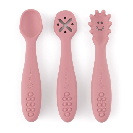 Alaptare si Hranire - Set 3 lingurite, Petite&Mars, Diverse forme, Pentru supa, paste, alimente usoare, Dezvolta simturile si abilitatile senzoriale, Silicon, Fara BPA, 6 luni+, Roz