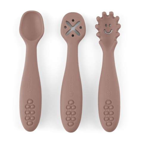 Tacamuri si Vesela - Set 3 lingurite, Petite&Mars, Take&Match, Din silicon, Diverse forme, Pentru supa, paste, alimente usoare, Dezvolta simturile si abilitatile senzoriale, Adecvate pentru masina de spalat vase, Fara BPA
