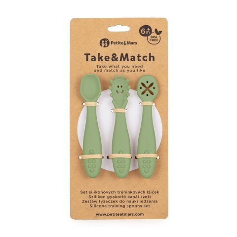 Set 3 lingurite, Petite&Mars, Take&Match, Din silicon, Diverse forme, Pentru supa, paste, alimente usoare, Dezvolta simturile si abilitatile senzoriale, Adecvate pentru masina de spalat vase, Fara BPA [1]