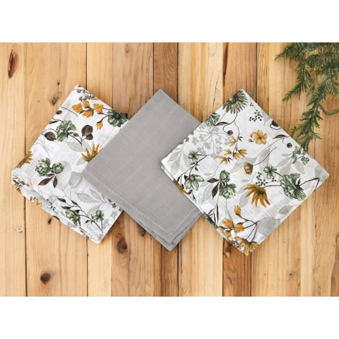Set 3 museline, MimiNu, Multifunctionale, Din bumbac certificat Oeko Tex Standard 100, 30x30 cm, Botanica si Grey [1]