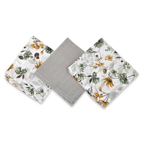 Baie si Igiena - Set 3 museline, MimiNu, Multifunctionale, Din bumbac certificat Oeko Tex Standard 100, 30x30 cm, Botanica si Grey