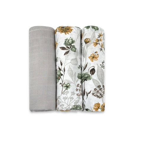 Baie si Igiena - Set 3 museline, MimiNu, Multifunctionale, Din bumbac certificat Oeko Tex Standard 100, 75x75 cm, Botanica si Grey