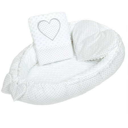 Set 3 piese, New Baby, Luxury, Baby Nest cu doua fete, Cu paturica si pernuta in forma de inima, Minky Heart White [4]