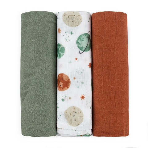 Scutece si Servetele - Set 3 scutece, Petite&Mars, Moussy, Din muselina de bambus, Hipoalergenice, 68 x 68 cm, Certificate Oeko Tex Standard 100, Celestial Planets