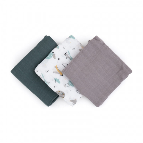 Baie si Igiena - Set 3 scutece, Petite&Mars, Moussy Grey Planes, Din muselina de bambus, Hipoalergenice, 68 x 68 cm, Certificate Oeko Tex Standard 100, Multicolor