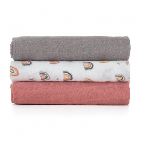 Set 3 scutece, Petite&Mars, Moussy Rose Rainbow, Din muselina de bambus, Hipoalergenice, 68 x 68 cm, Certificate Oeko Tex Standard 100, Multicolor [2]