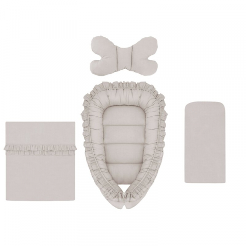 Mobilier si Lenjerie - Set 4 in 1 Cosulet bebelus, MimiNu, Baby Cocoon 75x55 cm, Cu volanase, Husa bumbac, Din bumbac certificat Oeko Tex Standard 100, Cu paturica cu volanase 50x70 cm, Cu salteluta, Cu perna fluture, Colec