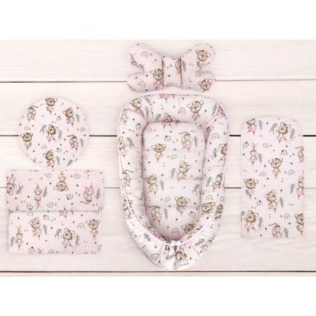 Set 4 in 1 Cosulet bebelus, MimiNu, Baby Cocoon 75x55 cm, Husa bumbac, Din bumbac certificat Oeko Tex Standard 100, Cu paturica 50x70 cm, Cu salteluta, Cu perna fluture, Design, Little Ballerina Pink [1]
