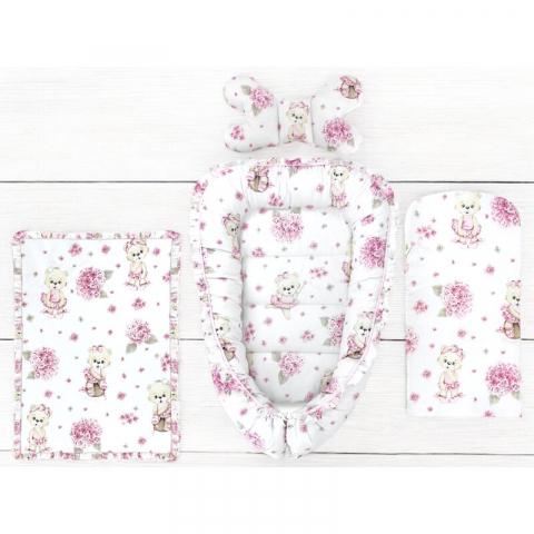Set 4 in 1 Cosulet bebelus, MimiNu, Baby Cocoon 75x55 cm, Husa bumbac, Din bumbac certificat Oeko Tex Standard 100, Cu paturica 50x70 cm, Cu salteluta, Cu perna fluture, Design, Pink Ballerina [2]