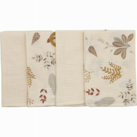 Baie si Igiena - Set 4 lavete, Bubaba, Din muselina, Dimensiune 40x40 cm, Pentru spalarea si ingrijirea fetei si a corpului bebelusului dupa masa sau baita, Beige Leafs
