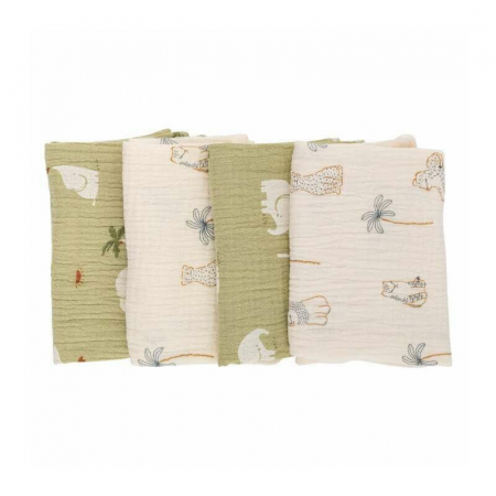 Baie si Igiena - Set 4 lavete, Bubaba, Din muselina, Dimensiune 40x40 cm, Pentru spalarea si ingrijirea fetei si a corpului bebelusului dupa masa sau baita, Green/Beige